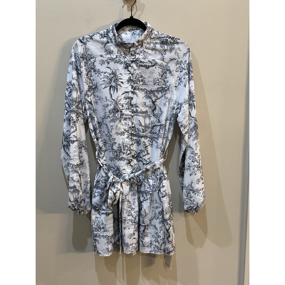 Commense Ink Painting Print Tie Up A-Line Short Dress Toile‎ French High Neck